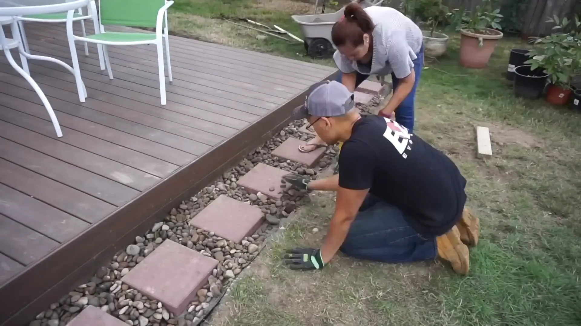 Filling gaps between pavers with pond pebbles