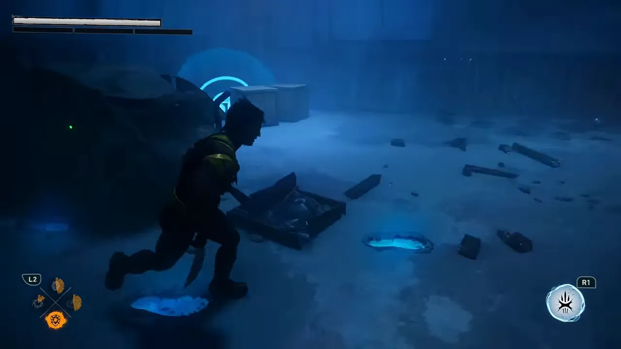 Wolverine approaching boxes in a blue-lit room with a large cyan pulse visible behind them