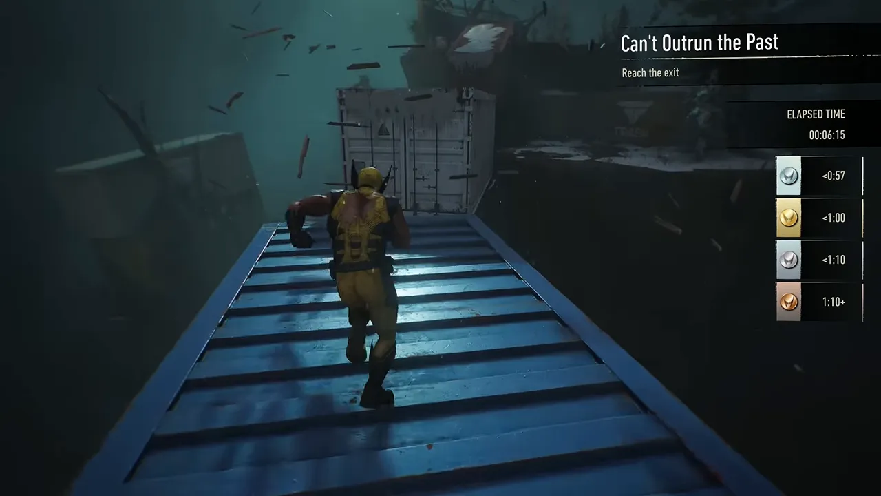 Wolverine standing on a shipping container facing a white-marked climbing surface with challenge times at the right