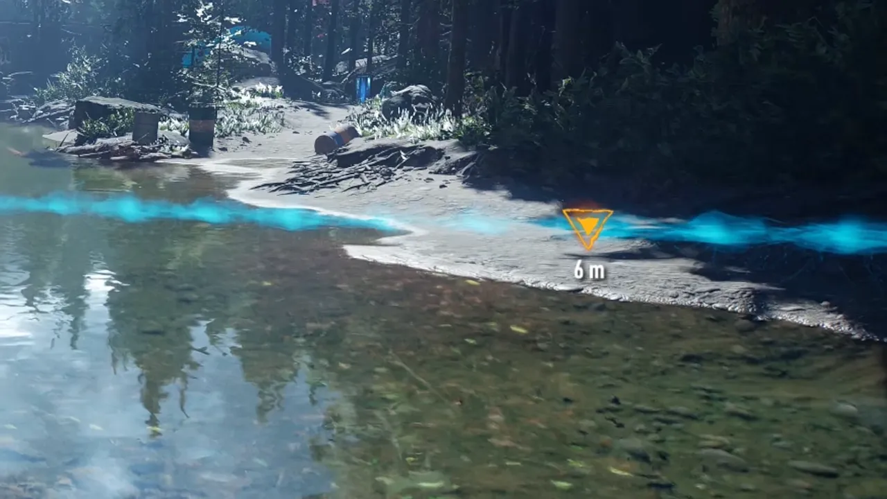 A cyan trail crossing a forest stream with a yellow objective marker labeled 6 m