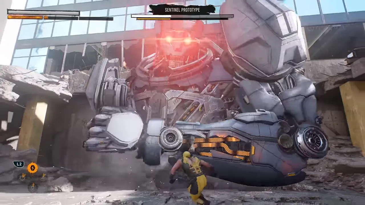 Wolverine facing a giant Sentinel with a glowing red eye in a ruined urban arena