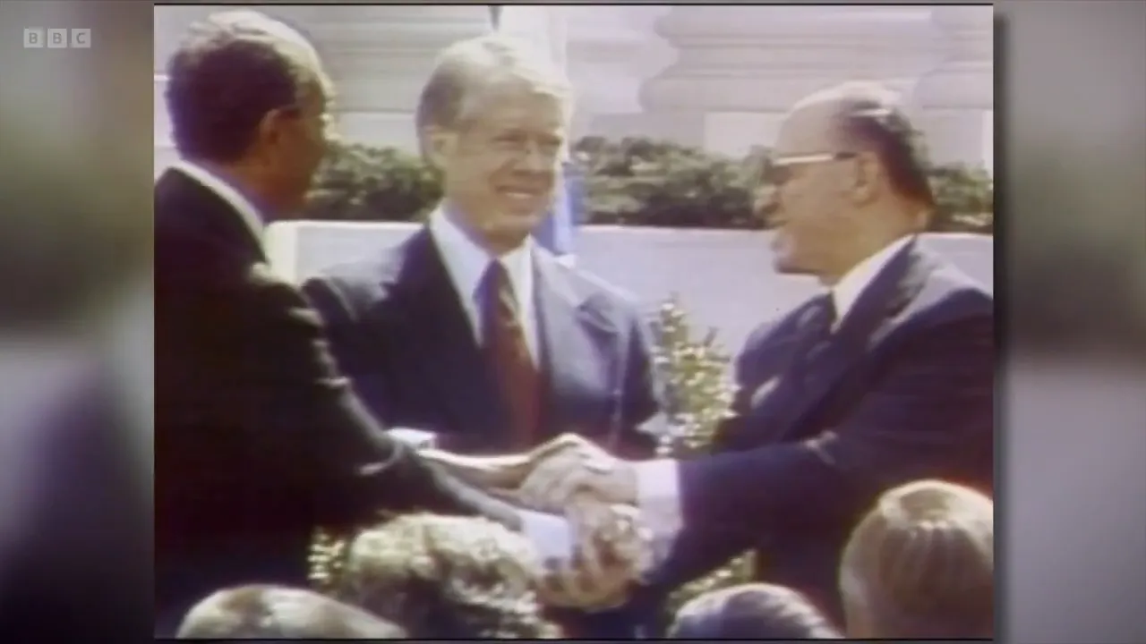Carter with Sadat and Begin at Camp David