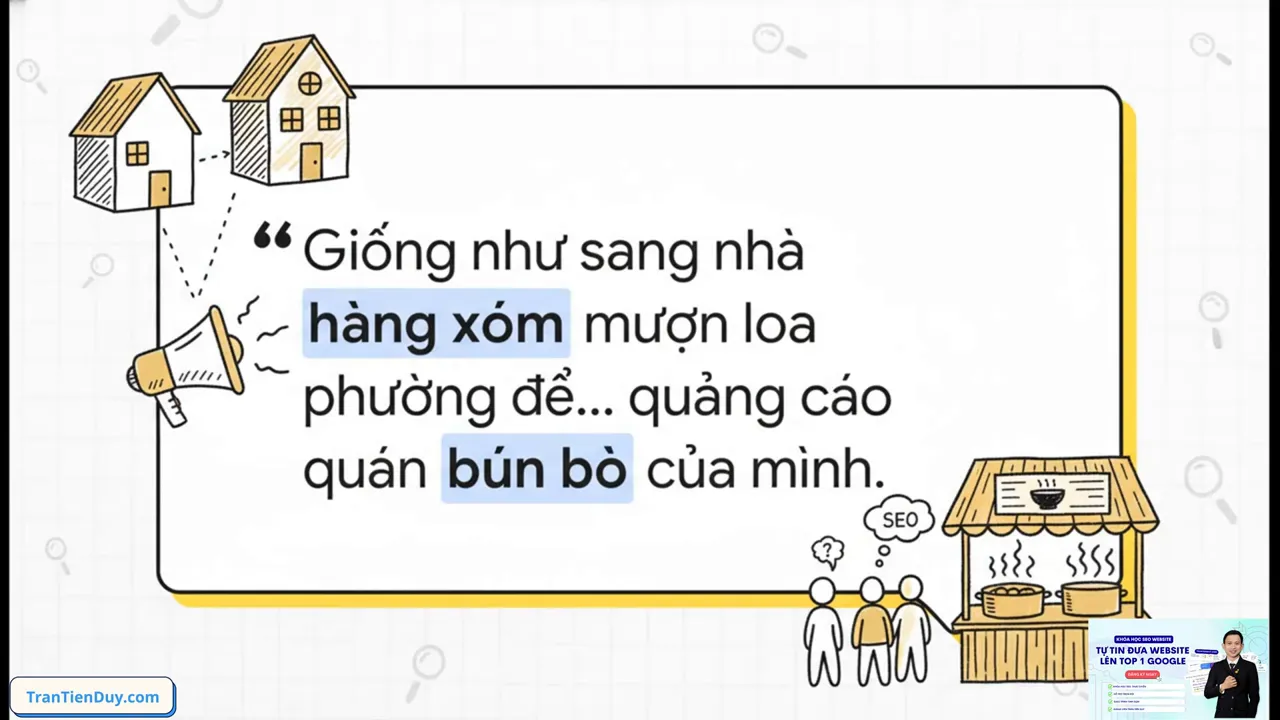 Minh họa loa phường, khu nhà và quán bún bò để giải thích Guest Post