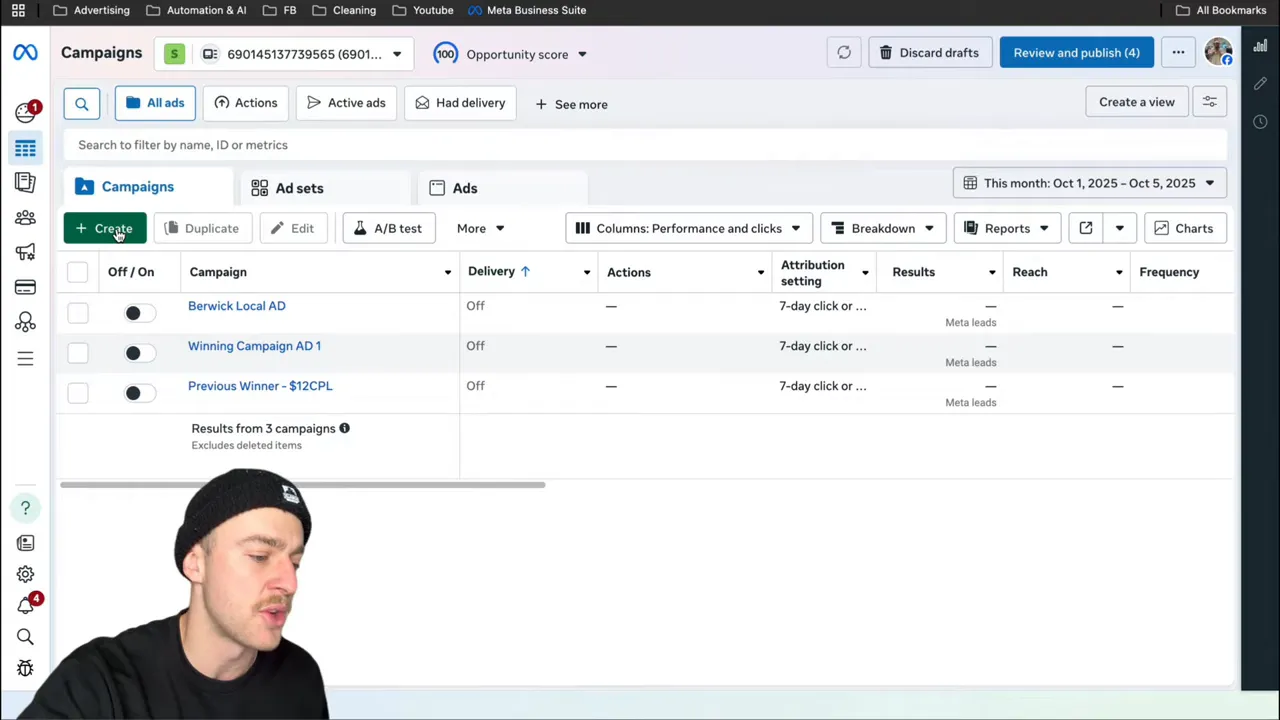 Scherm van Facebook Ads met de knop 'Maak' zichtbaar