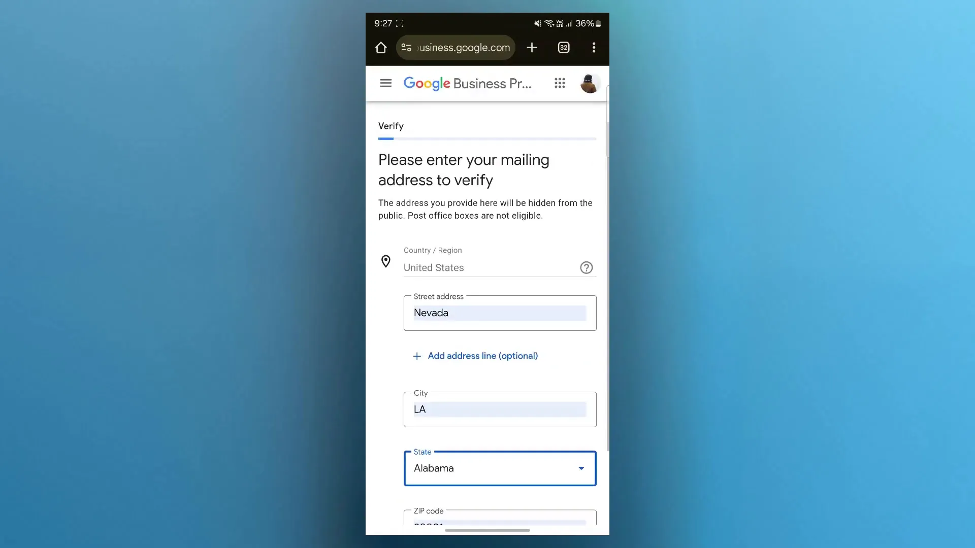 Adres selecteren tijdens Google profiel setup