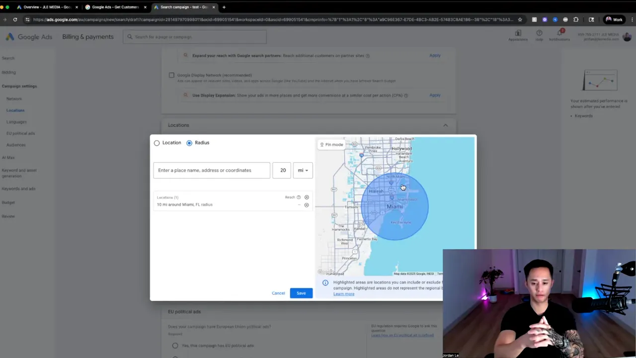 Locatie-instellingen met 10 mijl radius rond Miami