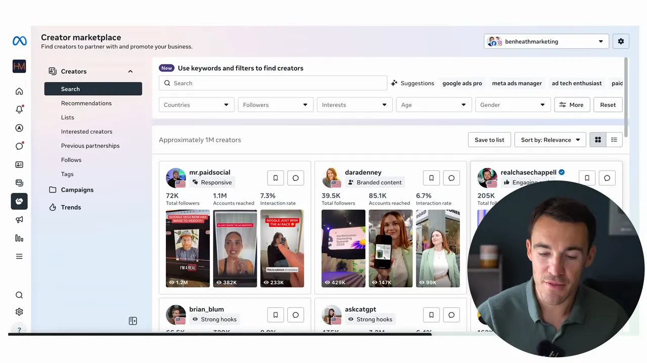 Creator Marketplace interface: vind creators, specificaties en contactmogelijkheden