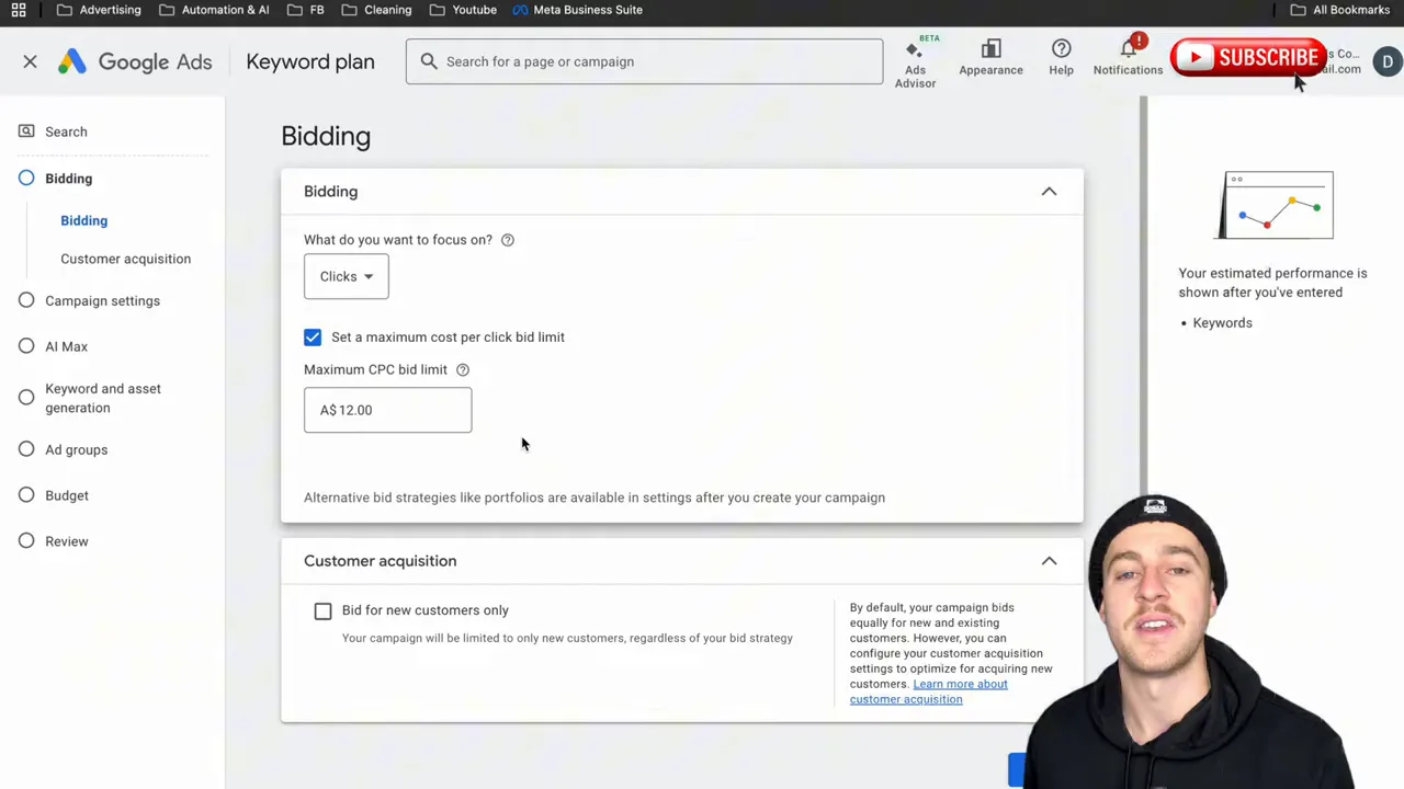 Biedstrategiescherm met Maximaliseer klikken en maximale CPC instellen