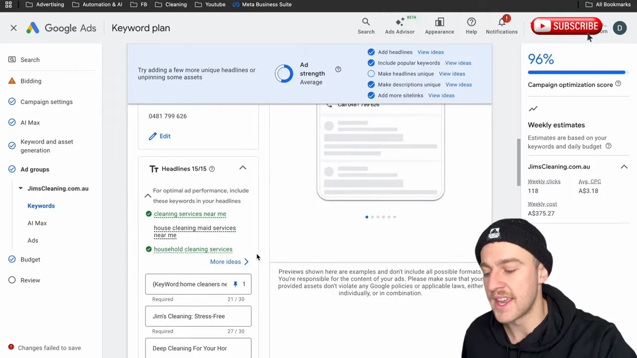 Advertentie-editor met keyword insertion in eerste kopregel
