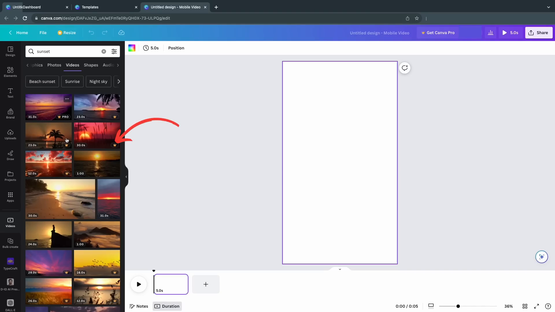 Selecting video background in Canva