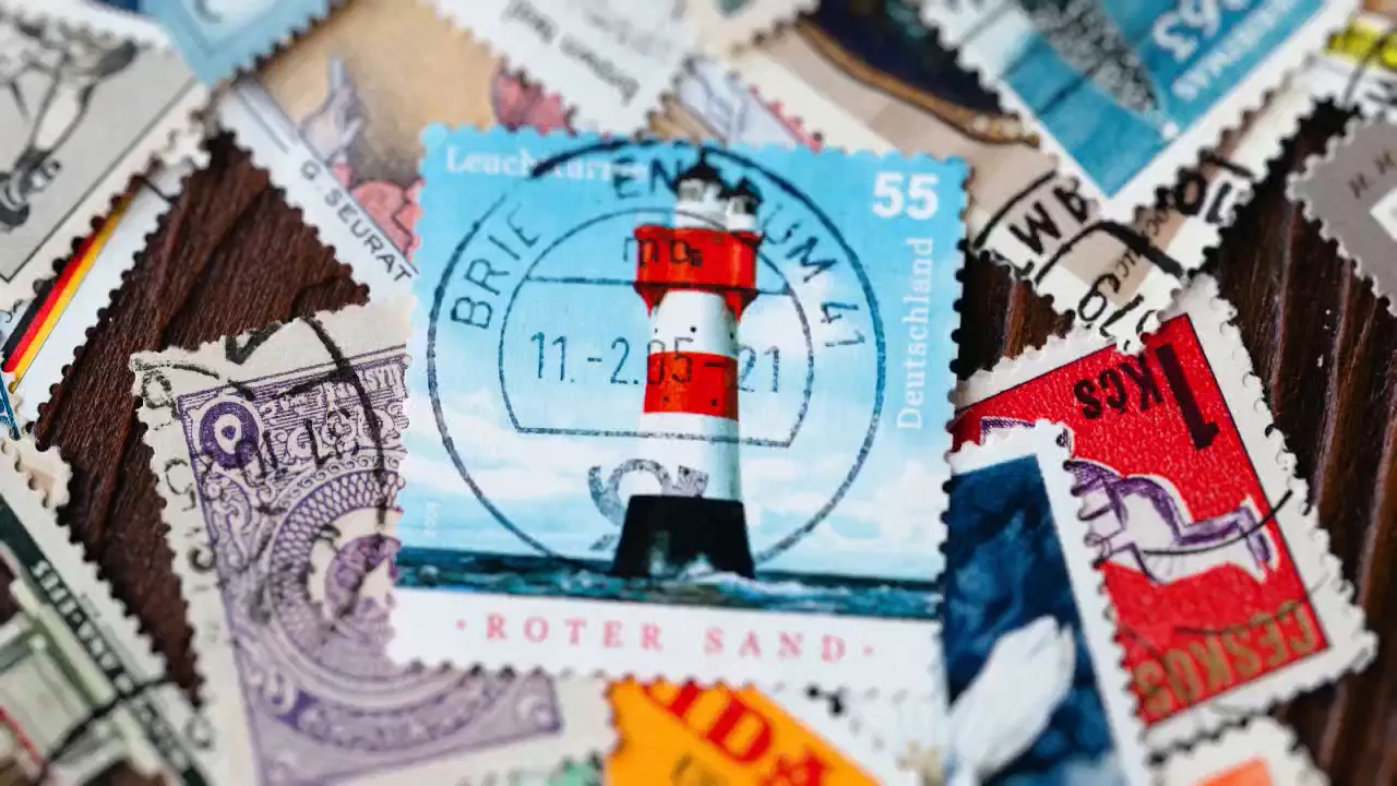 Nahaufnahme verschiedener gebrauchter Briefmarken auf einem Haufen