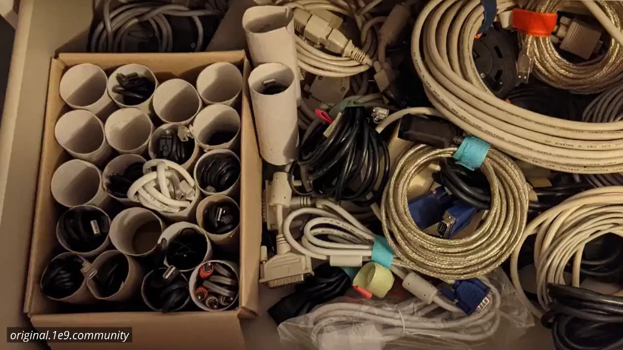 Schublade oder Kiste voller aufgerollter Kabel und alter Technikanschlüsse