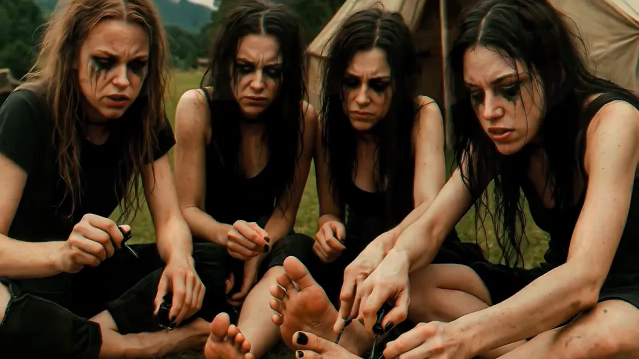 Four gothic women with smeared mascara painting black toenails outdoors in a muddy field