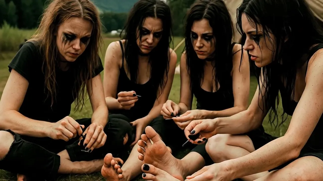 Four gothic queens with smeared mascara painting black toenails while seated on grass near a tent