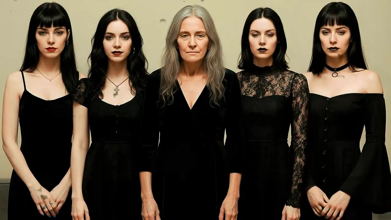 Five gothic women standing in a row facing the camera wearing black dresses