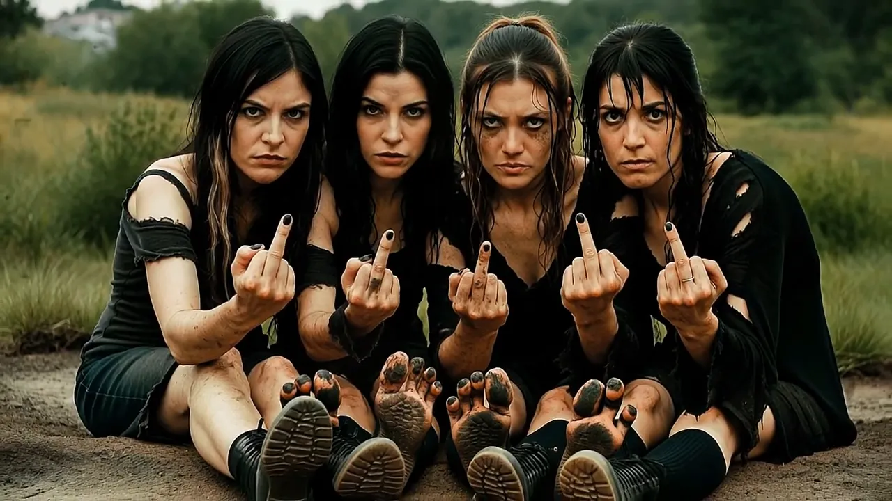 Four gothic queens in torn black outfits with muddy feet and smeared makeup giving middle fingers while seated outdoors in a field
