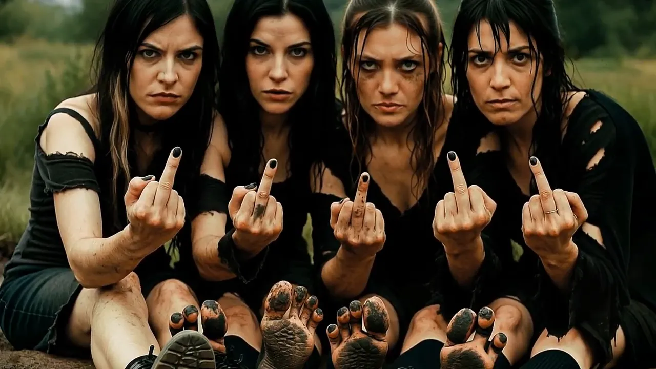 Four gothic women seated in a field with muddy feet and smeared makeup, all showing their middle fingers to the camera