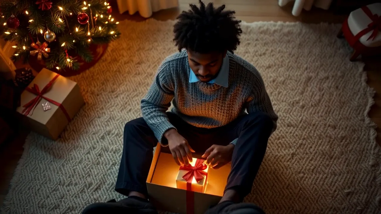 Person sitting on floor opening a glowing gift box by a lit Christmas tree