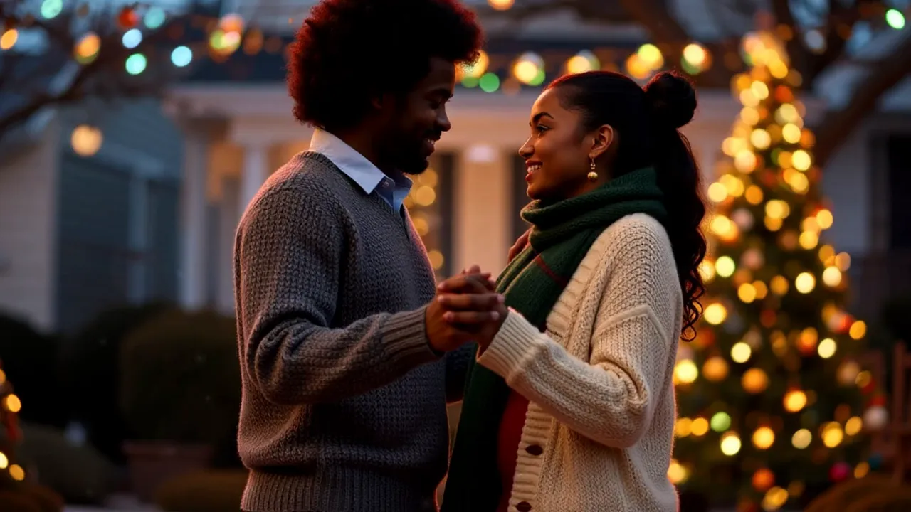 Couple dancing outdoors at night by a decorated Christmas tree with warm bokeh lights.