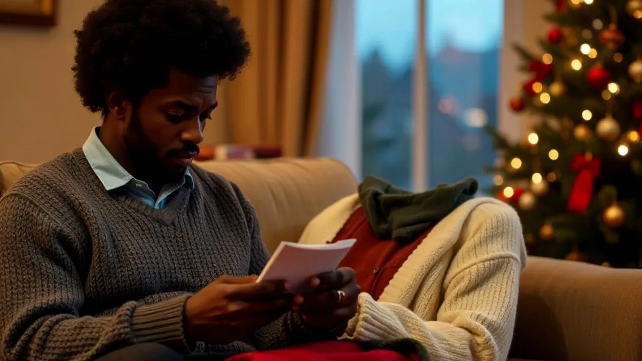 Person on a sofa reading handwritten notes with an empty sweater beside them and a decorated Christmas tree in the background.
