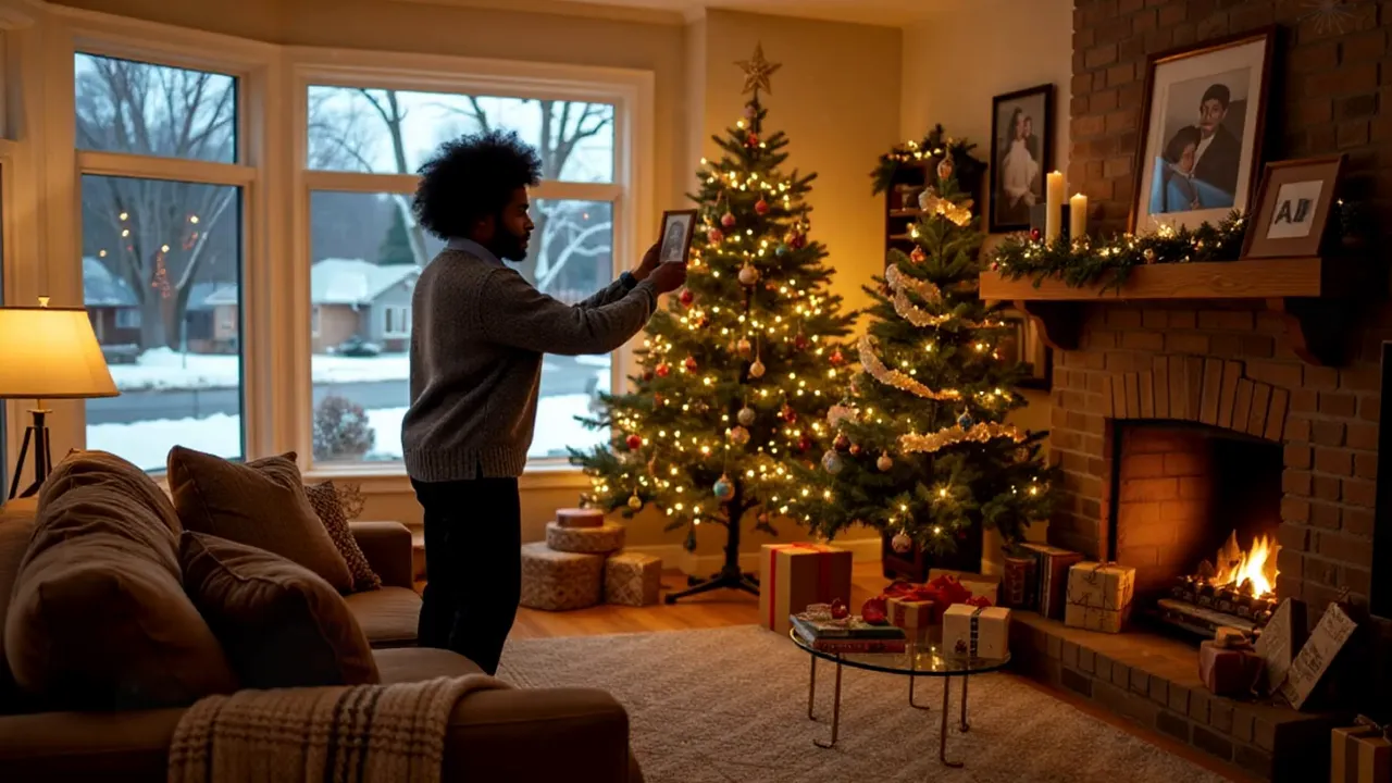 Person holding a framed photo in front of lit Christmas trees and a fireplace in a warm, decorated living room.