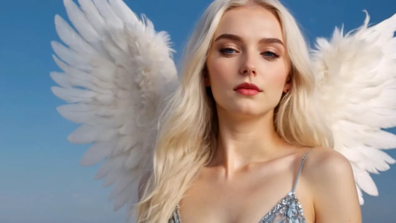 Woman with white angel wings against a blue sky, representing an intimate, radiant moment in the song
