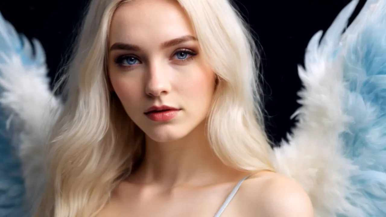 Mid-shot of a blonde woman with pale blue-tinted feathered wings and a direct gaze.