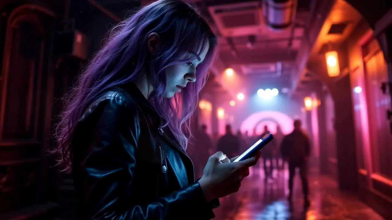 Chorus close-up: singer delivers 'Rock the monsters inside' with neon lights behind