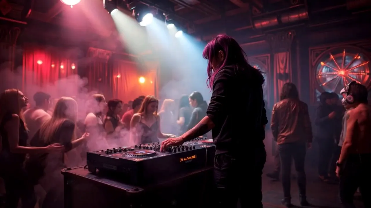 Wide shot: dancers in neon under strobe lights, silhouettes like monsters