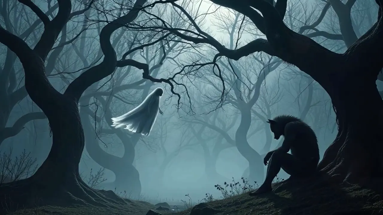 Shadows cast among trees; the protagonist faces inner darkness