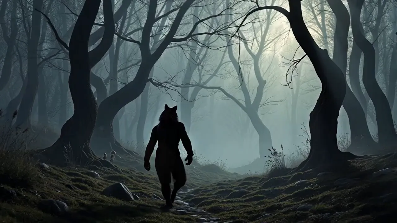 A still of the protagonist making a decisive movement amidst the trees