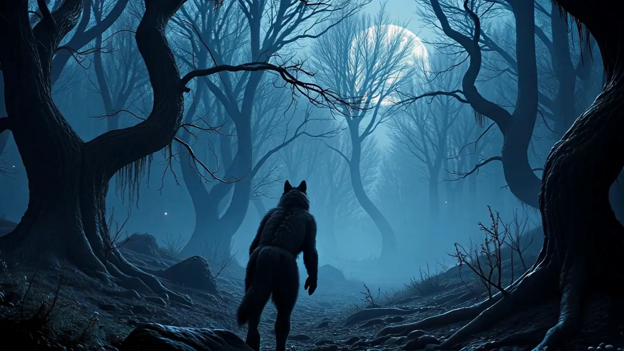 The protagonist during twilight; a subtle transformation suggested by shadow and silhouette