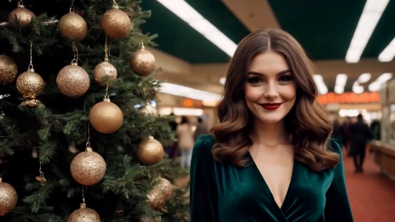 smiling woman in green velvet dress beside a Christmas tree with gold baubles in a retro indoor setting