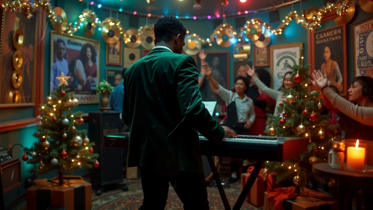 Rear view of a keyboard player in a warmly lit studio with Christmas trees, candles and backing singers