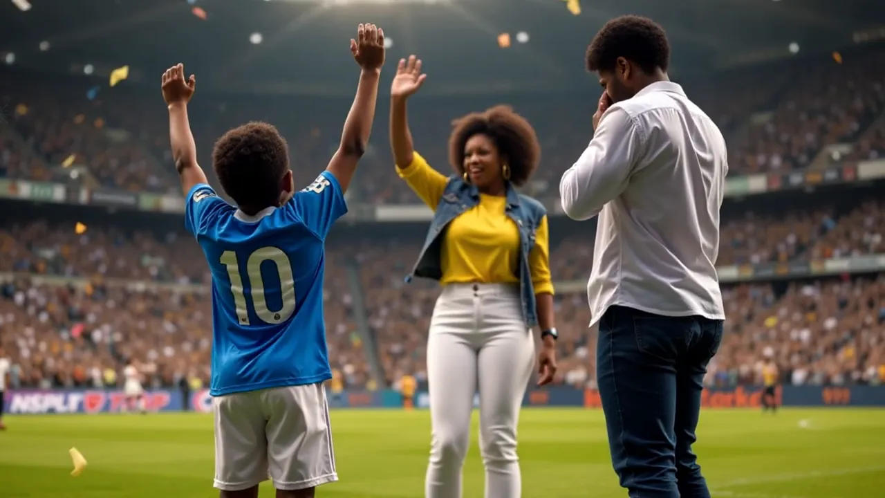 Back view of a young player in a number 10 jersey raising both arms as a woman in the background reaches to high-five and a man stands nearby on the field