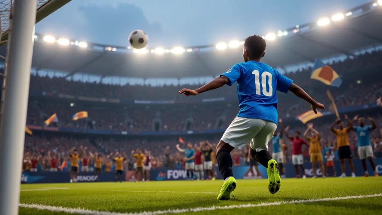 Player number 10 running toward the penalty area with the ball in the air and stadium lights and crowd in the background