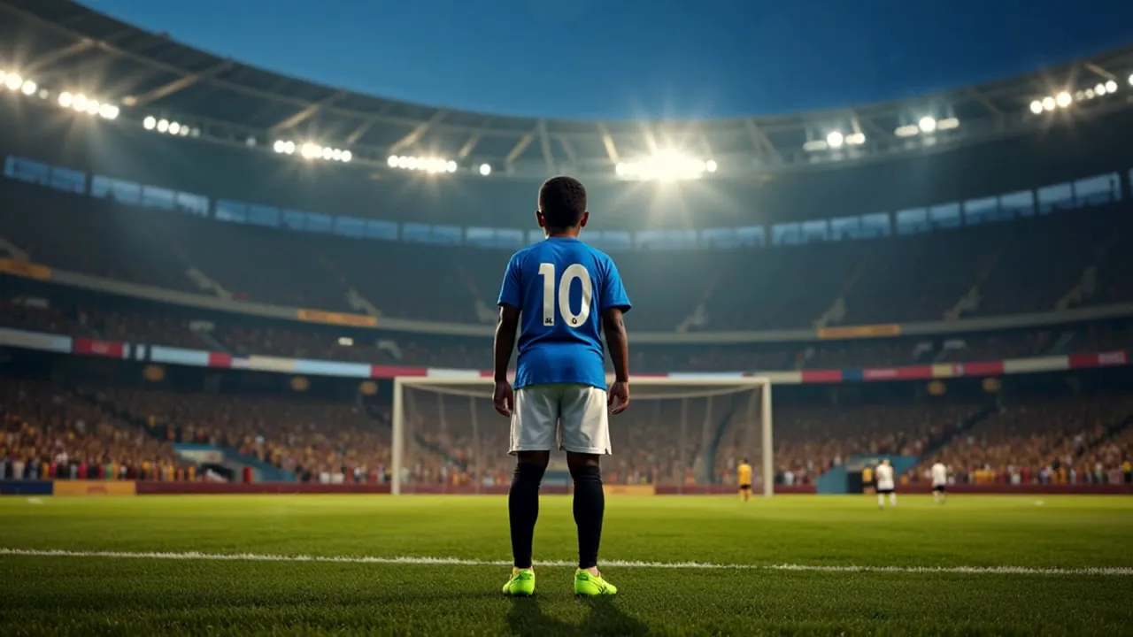 Soccer player wearing number 10 stands facing the goal on a lit stadium pitch.