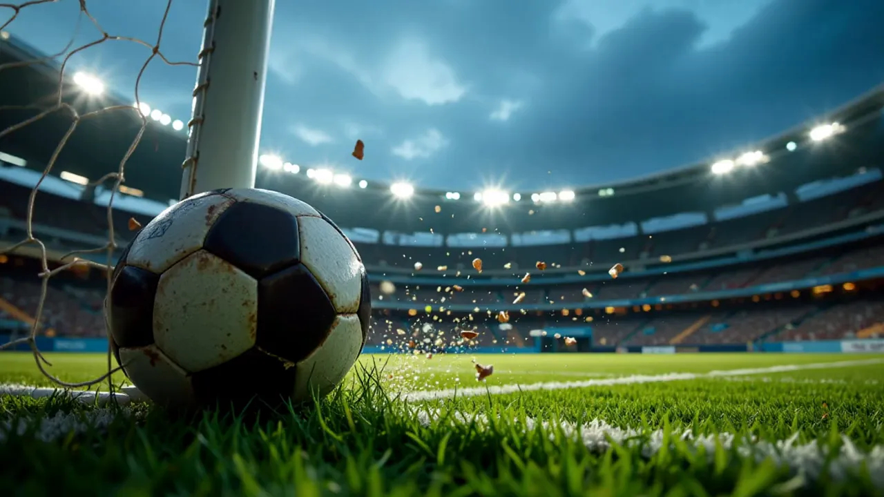 Close-up of a soccer ball lodged in the goal with stadium lights and flying turf particles