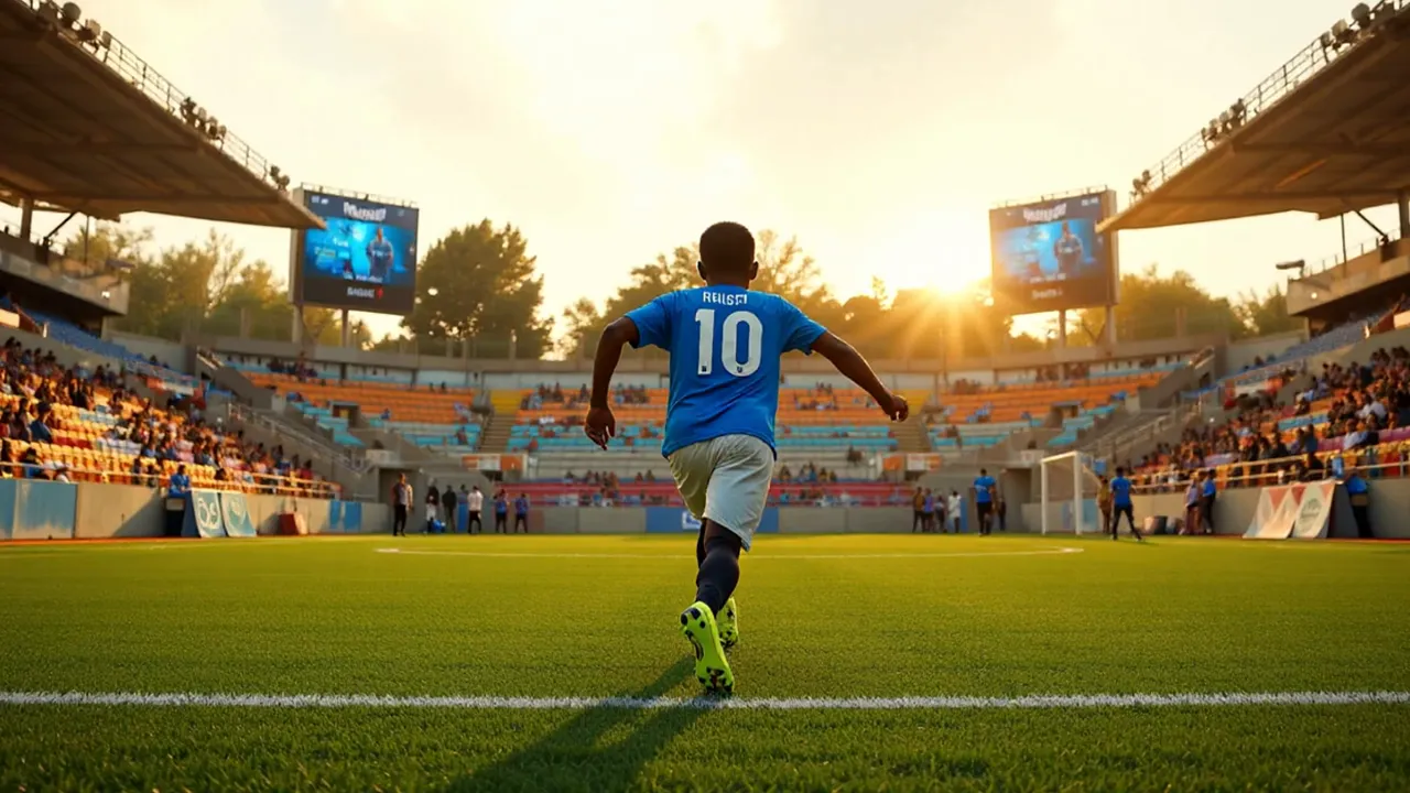 player wearing number 10 running onto the pitch toward a golden sunset-lit stadium