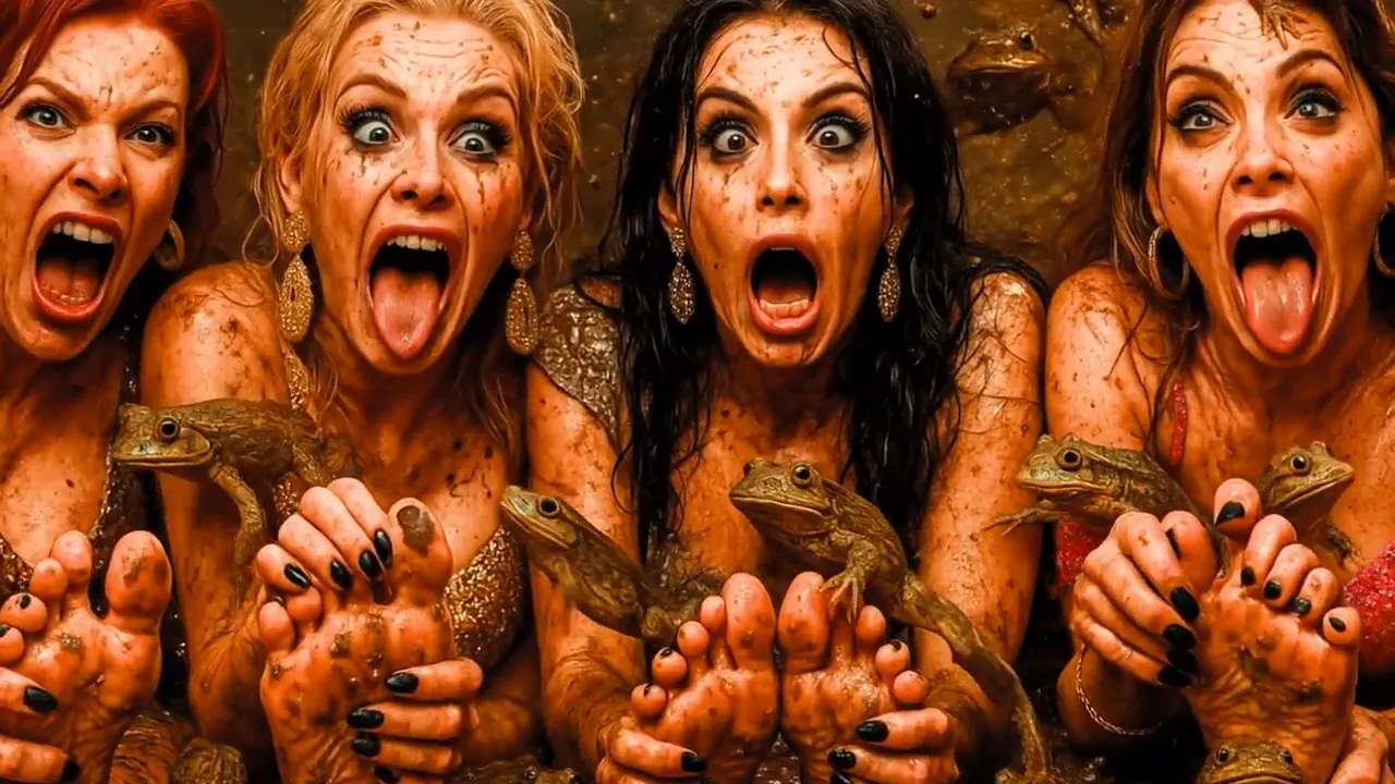 Four glamorous women covered in mud holding multiple frogs in their hands and between their toes, expressions exaggerated.