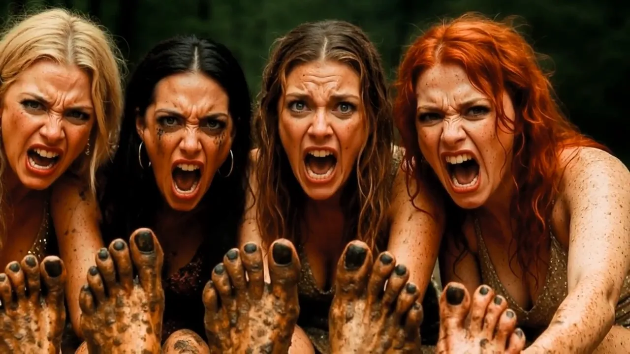 Four women covered in mud leaning forward and screaming, muddy feet in the foreground.