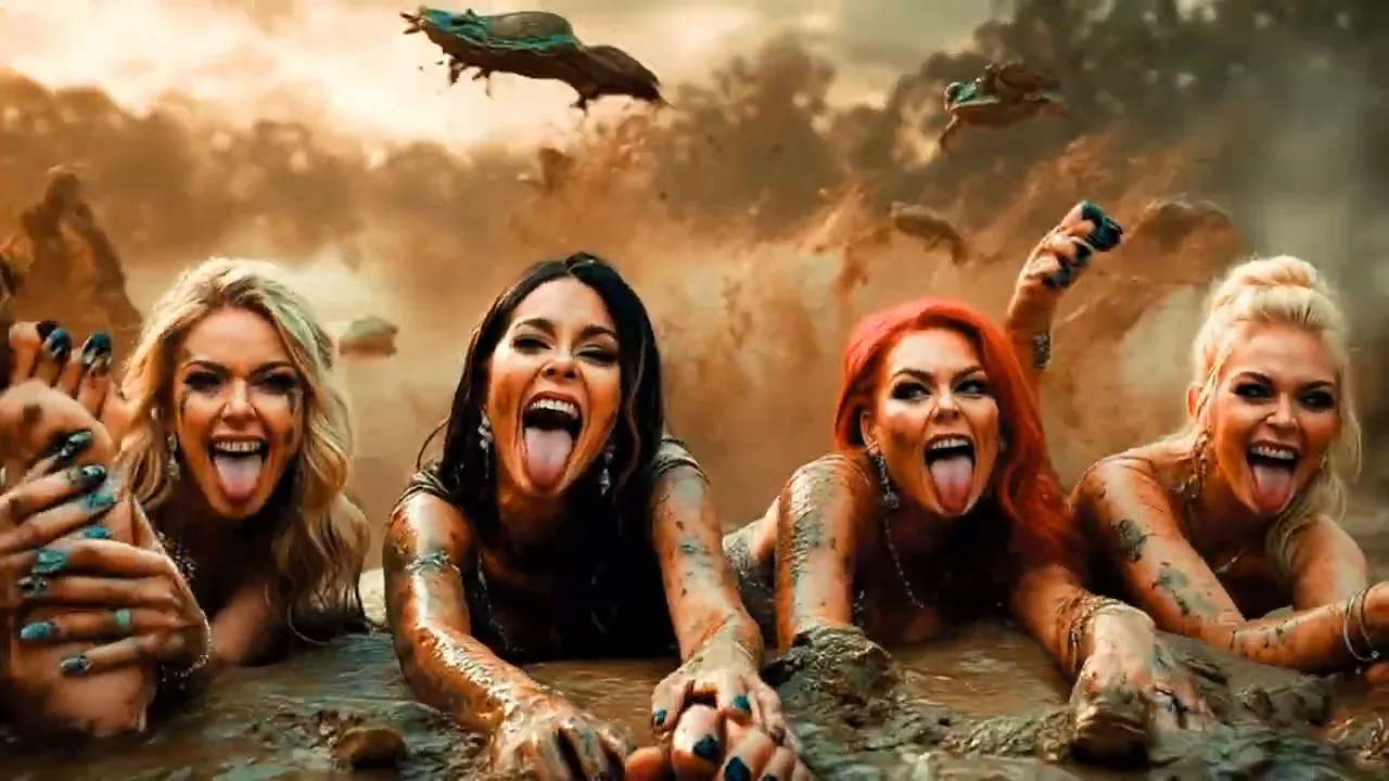 four glam women in mud with tongues out as frogs and mud splash behind them