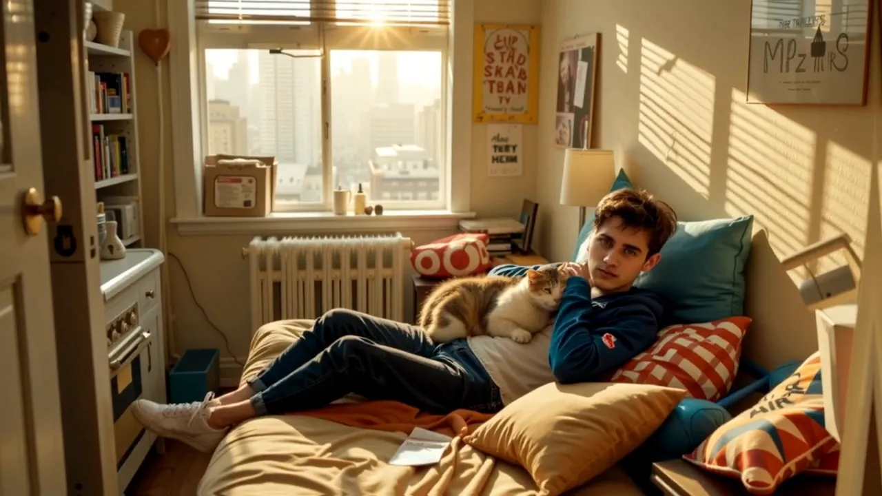 Song lyric moment: 'The next morning I'm with a cat sleeping on my face' showing the comedic payoff