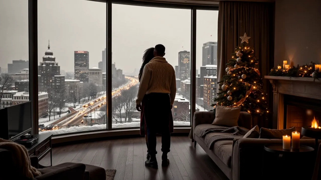 Couple standing by a wide window overlooking a snowy city; interior shows a lit fireplace, candles and a decorated Christmas tree.