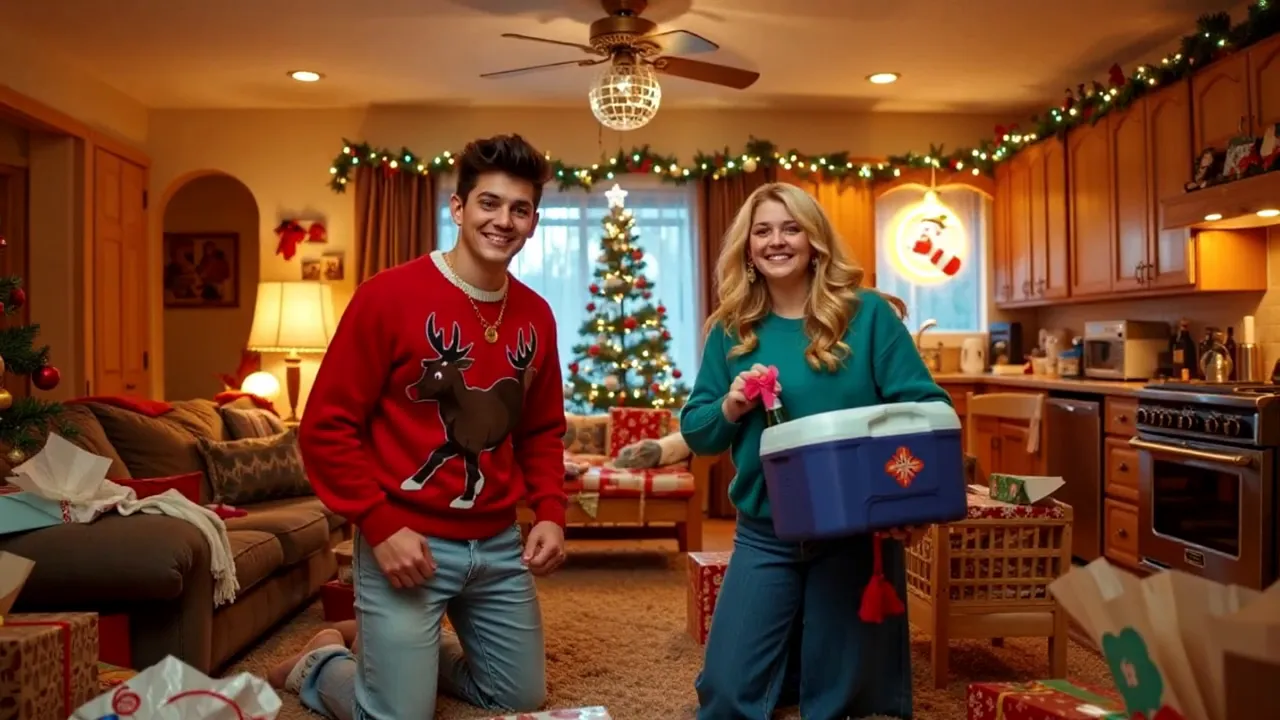 Couple smiling in a kitchen-living room area decorated for Christmas with tree and gifts visible