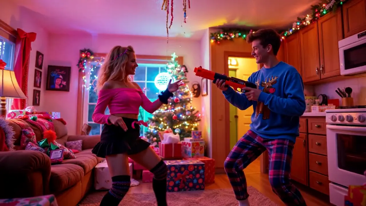 Couple playfully facing each other in a brightly lit, stylized living room decorated for Christmas with a tree and wrapped presents; one holds a toy blaster.