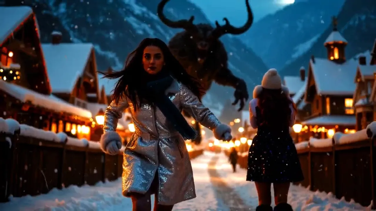 Wide shot of a woman running in a snow‑lit alpine village with a horned Krampus looming behind amid warm street lights.