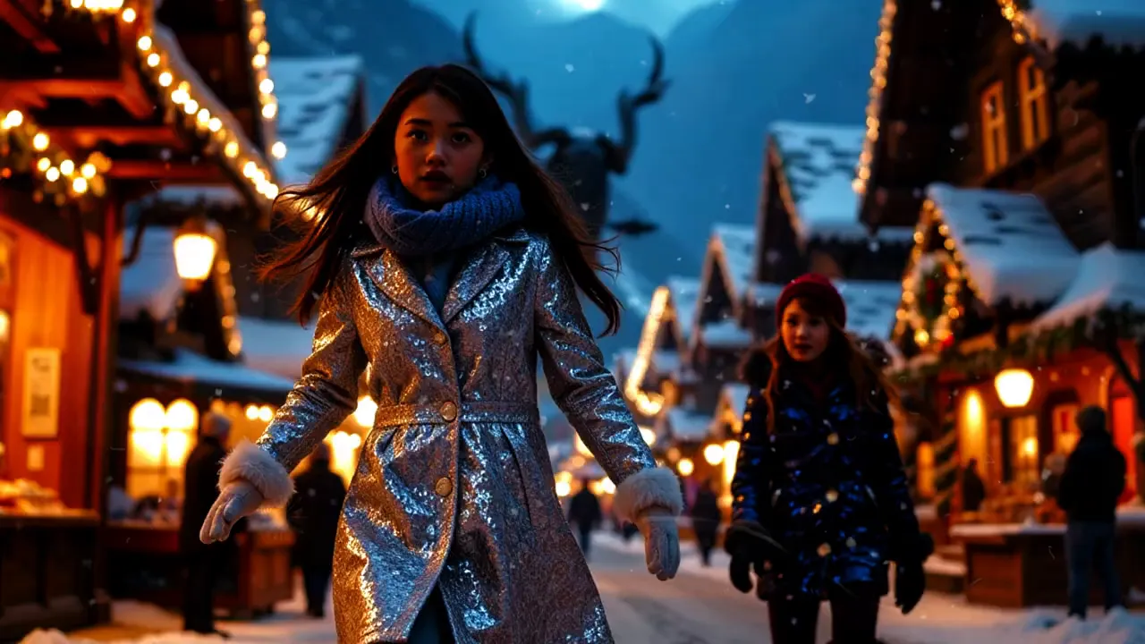 Foreground child in a shiny coat with a large horned Krampus silhouette visible against the mountain sky in the background.