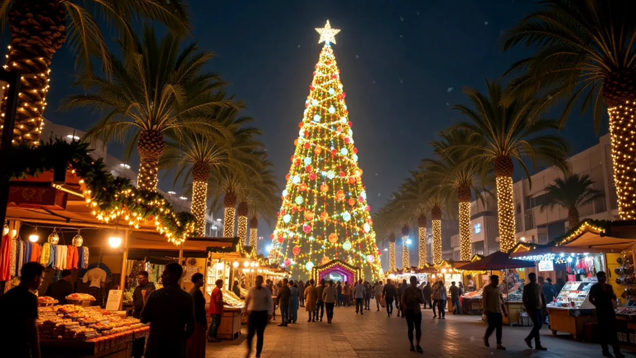 Tropical Christmas market with a large decorated tree and palm trees wrapped in lights