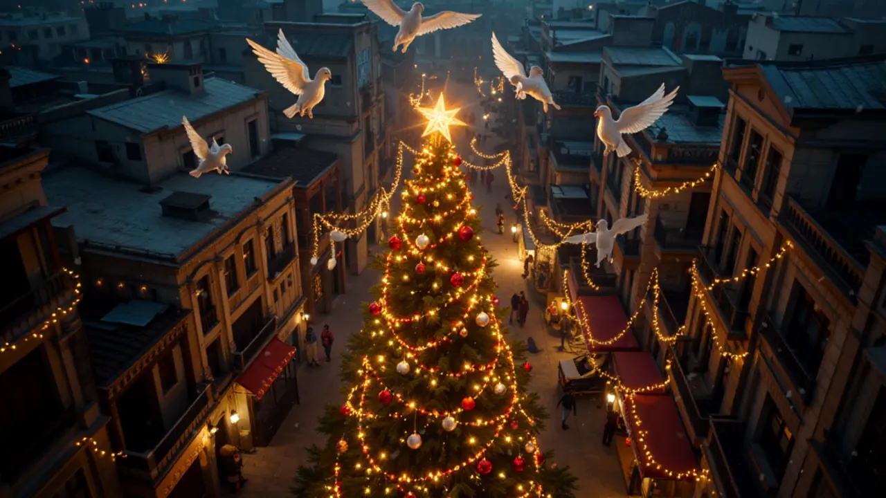 Aerial view of a lit Christmas tree in a decorated street with white doves flying above